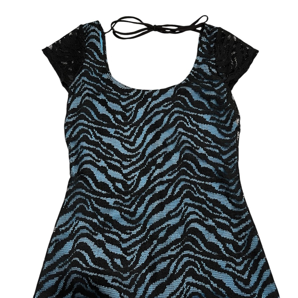 Zebra Print Mesh Top Y2K Style Tie Back Lace Sleeves Black Blue Size S